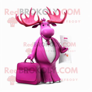 Magenta Elk mascot costume character dressed with a Wedding Dress and Briefcases