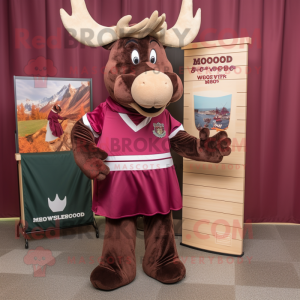 Maroon Moose mascot costume character dressed with a Skirt and Brooches