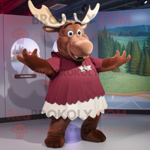 Maroon Moose mascot costume character dressed with a Skirt and Brooches