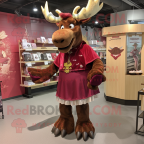 Maroon Moose mascot costume character dressed with a Skirt and Brooches
