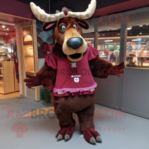 Maroon Moose mascot costume character dressed with a Skirt and Brooches