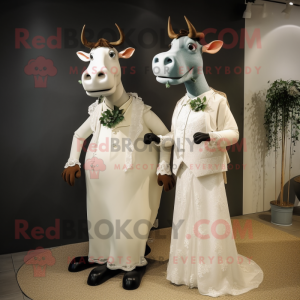Olive Zebu mascot costume character dressed with a Wedding Dress and Watches