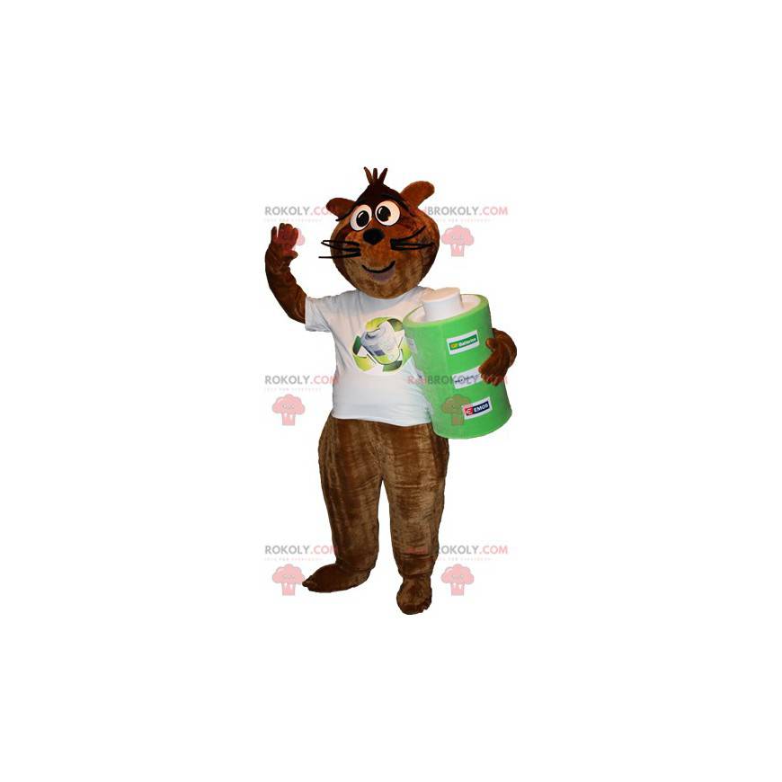Brown and black raccoon mascot with a giant stack -