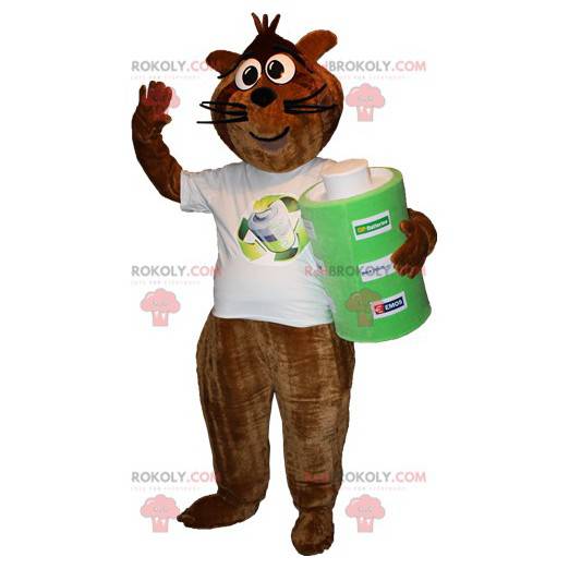 Brown and black raccoon mascot with a giant stack -