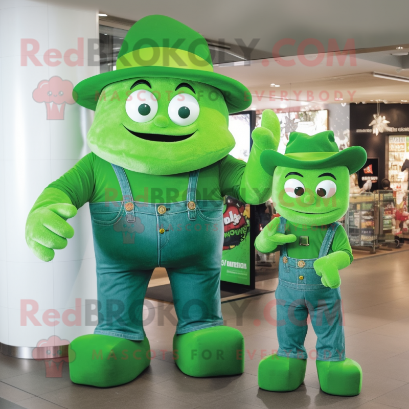Green Strongman mascot costume character dressed with a Mom Jeans and Hat pins Green Strongman mascot costume character dressed with a Mom Jeans and Hat pins