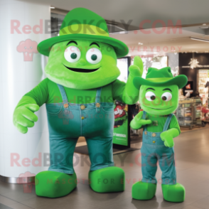 Green Strongman mascot costume character dressed with a Mom Jeans and Hat pins