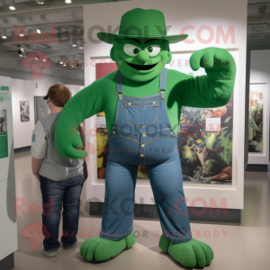 Green Strongman mascot costume character dressed with a Mom Jeans and Hat pins