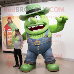 Green Strongman mascot costume character dressed with a Mom Jeans and Hat pins