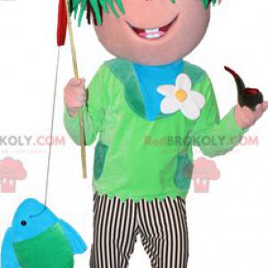 Menino pescador mascote com cabelo verde - Redbrokoly.com