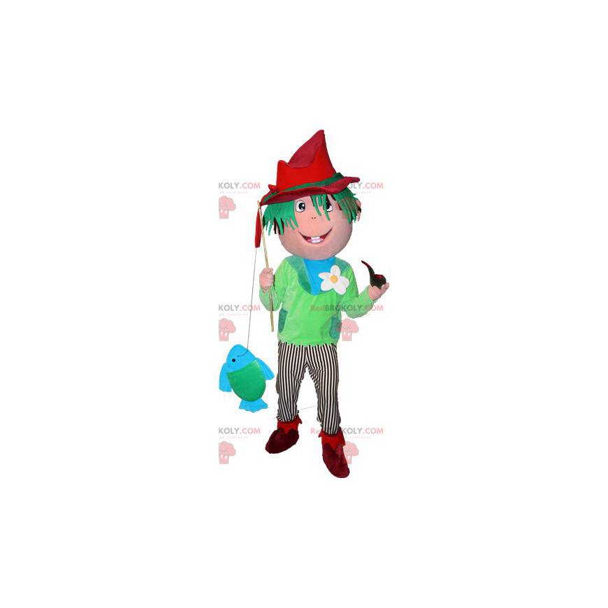 Menino pescador mascote com cabelo verde - Redbrokoly.com