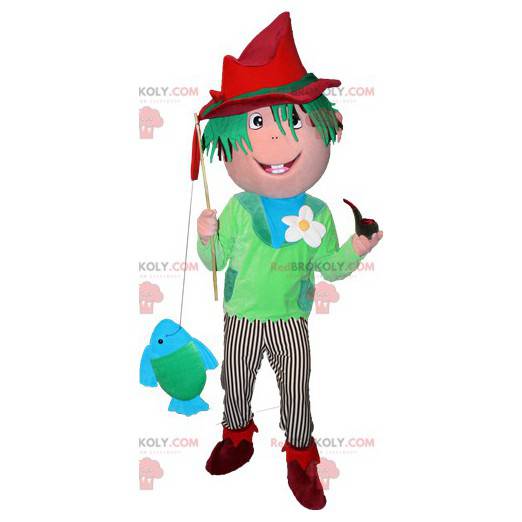 Menino pescador mascote com cabelo verde - Redbrokoly.com