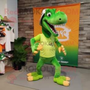 Lime Green Spinosaurus mascot costume character dressed with a Shorts and Shoe laces