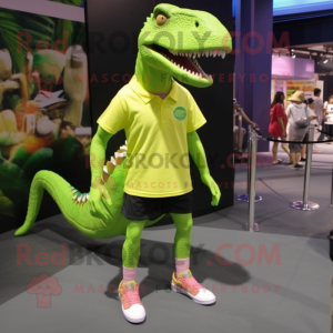 Lime Green Spinosaurus mascot costume character dressed with a Shorts and Shoe laces
