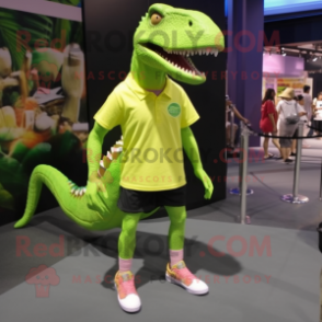 Lime Green Spinosaurus mascot costume character dressed with a Shorts and Shoe laces