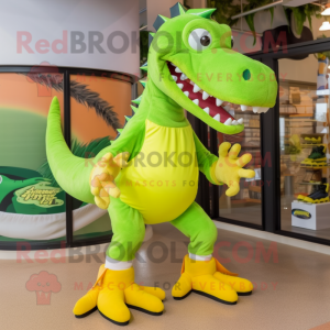 Lime Green Spinosaurus mascot costume character dressed with a Shorts and Shoe laces