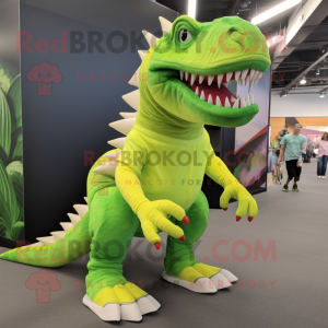 Lime Green Spinosaurus mascot costume character dressed with a Shorts and Shoe laces