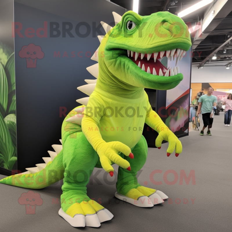 Lime Green Spinosaurus mascot costume character dressed with a Shorts and Shoe laces Lime Green Spinosaurus mascot costume character dressed with a Shorts and Shoe laces