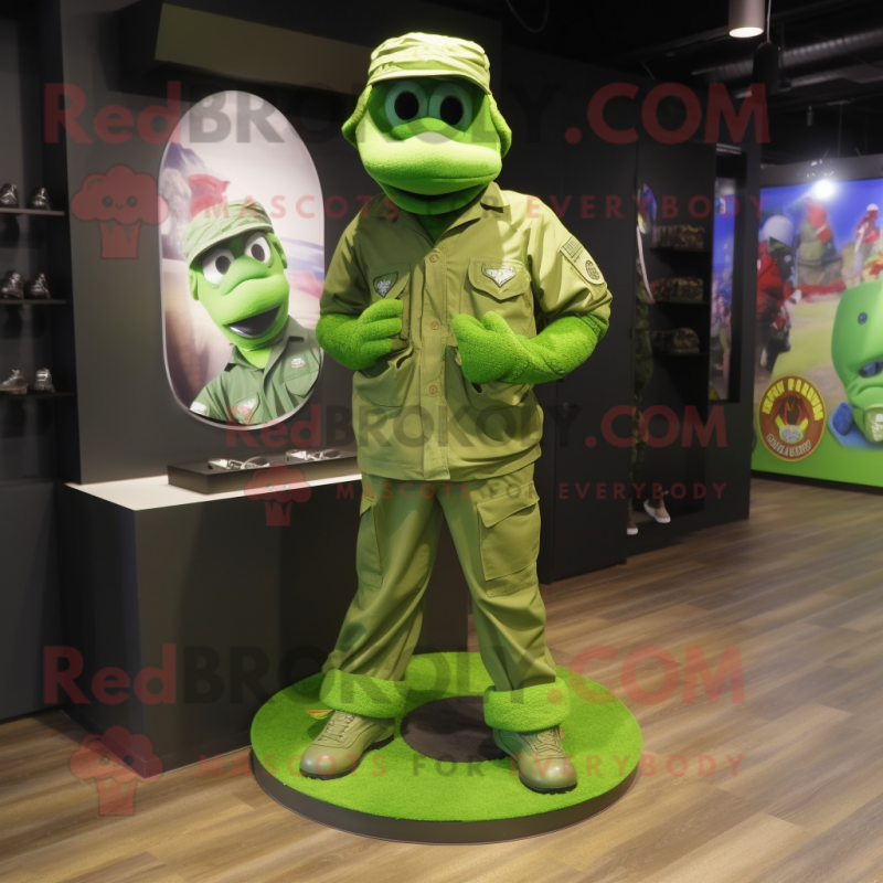 Lime Green Green Beret mascot costume character dressed with a Graphic Tee and Anklets