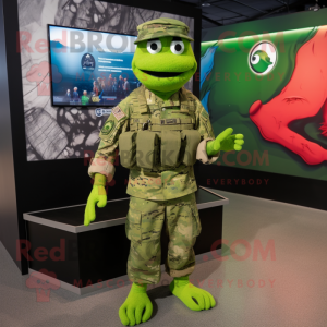 Lime Green Green Beret mascot costume character dressed with a Graphic Tee and Anklets