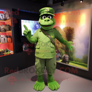 Lime Green Green Beret mascot costume character dressed with a Graphic Tee and Anklets