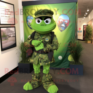 Lime Green Green Beret mascot costume character dressed with a Graphic Tee and Anklets