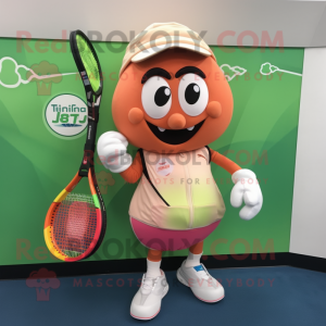 Peach Tennis Racket mascot costume character dressed with a Rash Guard and Tote bags