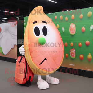 Peach Tennis Racket mascot costume character dressed with a Rash Guard and Tote bags