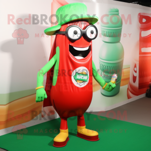 Green Bottle Of Ketchup mascot costume character dressed with a Overalls and Eyeglasses