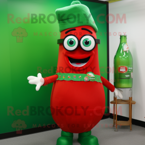 Green Bottle Of Ketchup mascot costume character dressed with a Overalls and Eyeglasses