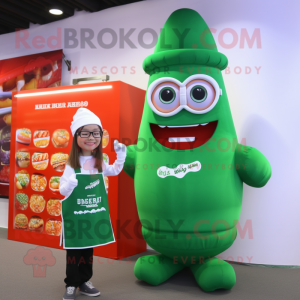 Green Bottle Of Ketchup mascot costume character dressed with a Overalls and Eyeglasses