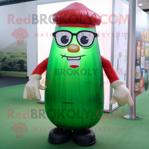 Green Bottle Of Ketchup mascot costume character dressed with a Overalls and Eyeglasses
