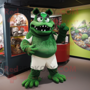 Forest Green Demon mascot costume character dressed with a Baseball Tee and Handbags