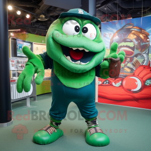 Forest Green Demon mascot costume character dressed with a Baseball Tee and Handbags