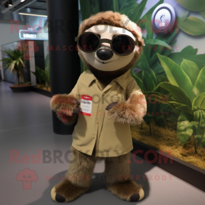 Tan Sloth mascot costume character dressed with a Blouse and Sunglasses