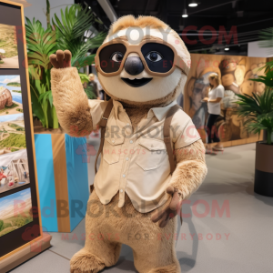 Tan Sloth mascot costume character dressed with a Blouse and Sunglasses