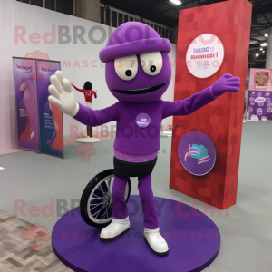 Purple Unicyclist mascot costume character dressed with a Sweater and Shawls