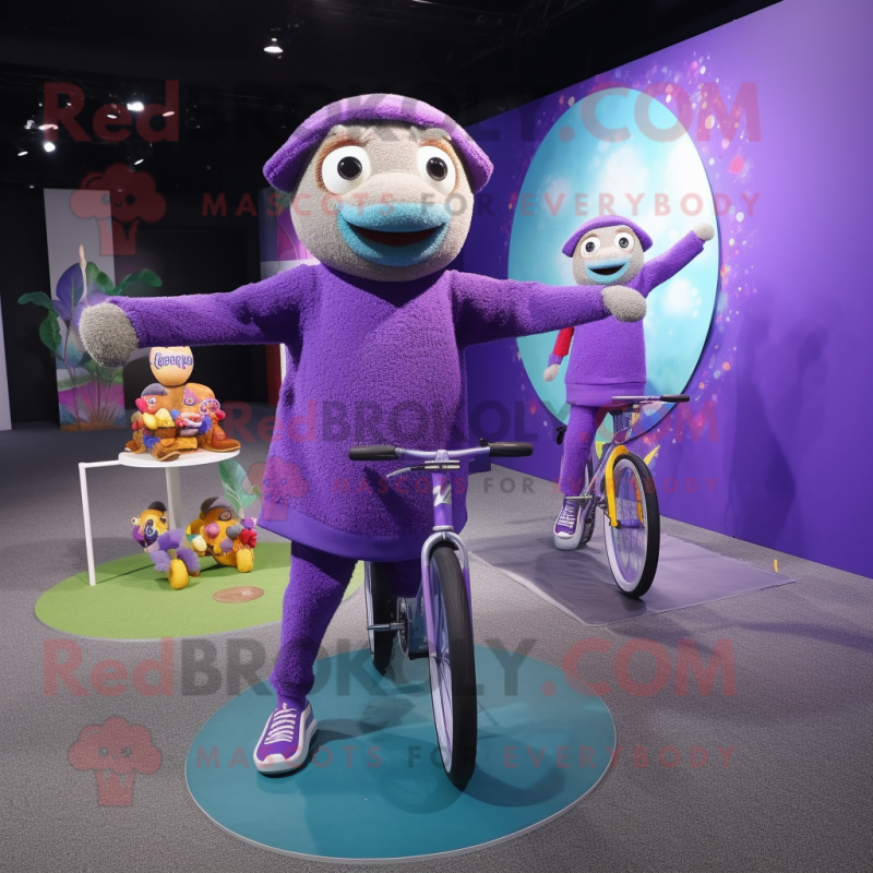 Purple Unicyclist mascot costume character dressed with a Sweater and Shawls