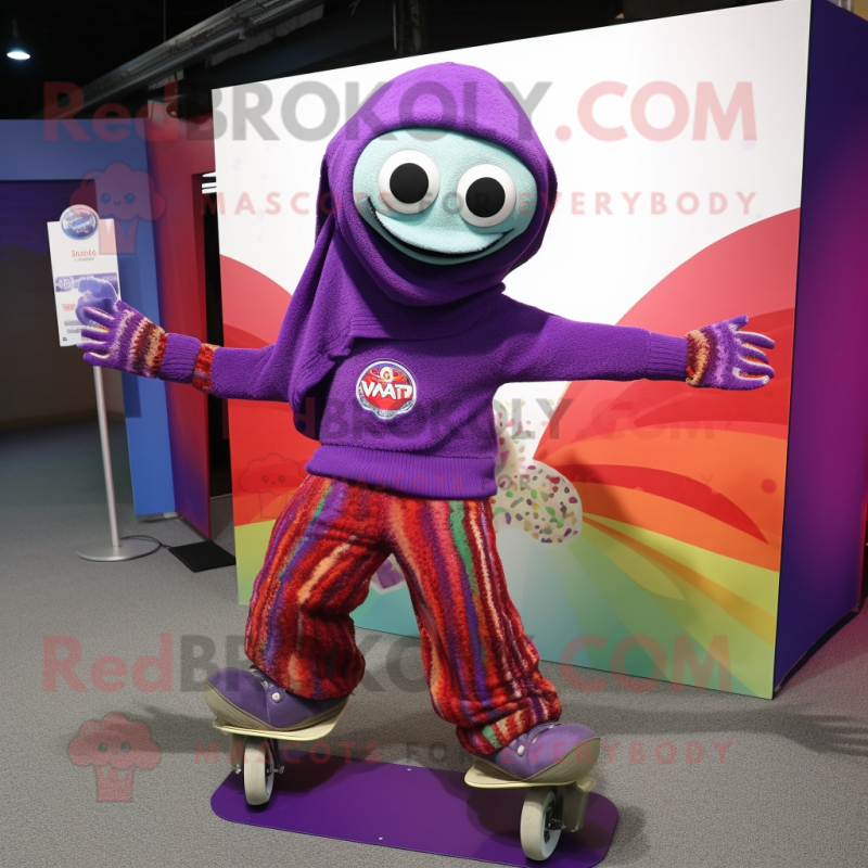 Purple Unicyclist mascot costume character dressed with a Sweater and Shawls