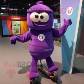 Purple Unicyclist mascot costume character dressed with a Sweater and Shawls