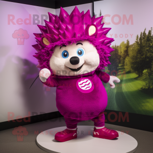 Magenta Hedgehog mascot costume character dressed with a Bodysuit and Hats