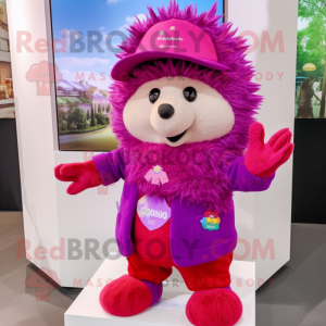 Magenta Hedgehog mascot costume character dressed with a Bodysuit and Hats