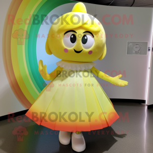 Lemon Yellow Rainbow mascot costume character dressed with a Circle Skirt and Hairpins