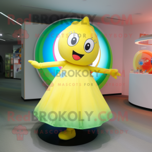 Lemon Yellow Rainbow mascot costume character dressed with a Circle Skirt and Hairpins