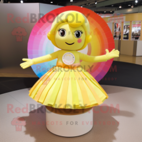 Lemon Yellow Rainbow mascot costume character dressed with a Circle Skirt and Hairpins