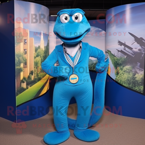 Blue Titanoboa mascot costume character dressed with a Waistcoat and Cummerbunds