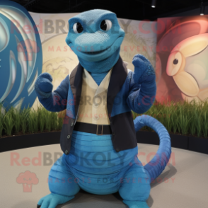 Blue Titanoboa mascot costume character dressed with a Waistcoat and Cummerbunds