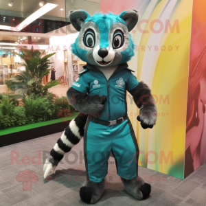 Teal Civet mascot costume character dressed with a Bodysuit and Suspenders