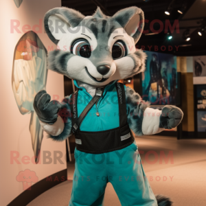 Teal Civet mascot costume character dressed with a Bodysuit and Suspenders