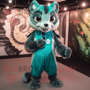 Teal Civet mascot costume character dressed with a Bodysuit and Suspenders