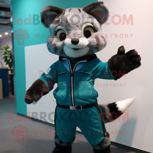 Teal Civet mascot costume character dressed with a Bodysuit and Suspenders